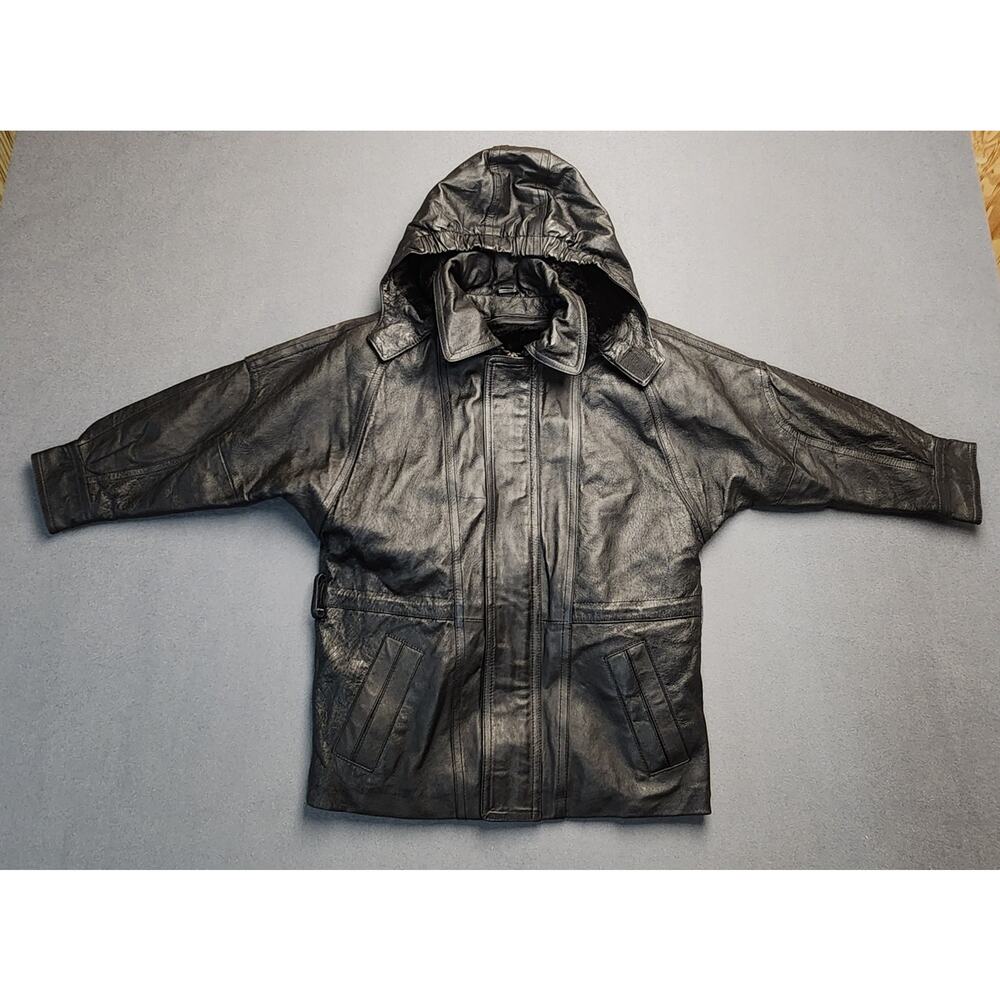 Ben‎ Z Genuine Black Leather Insulated Full Zip Hooded Coat Jacket Boys Medium